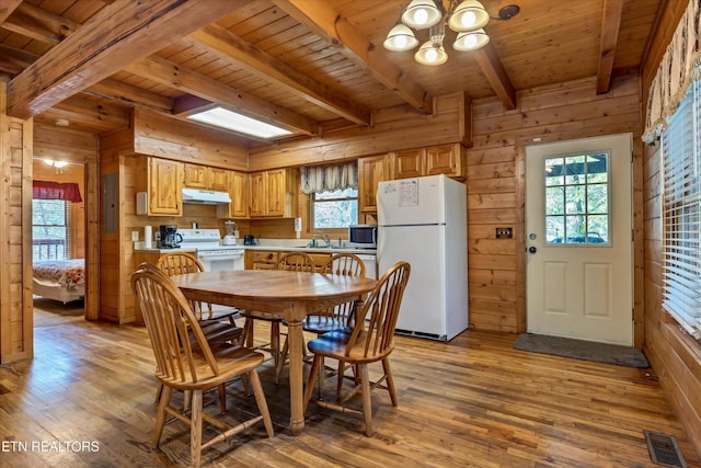 415 Silver Maple Ln, Gatlinburg, TN 37738 - dining space with light wood-type flooring, wooden walls, wooden ceiling, and beamed ceiling