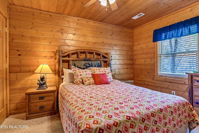 415 Silver Maple Ln, Gatlinburg, TN 37738 - bedroom with visible vents, wood walls, wooden ceiling, a ceiling fan, and carpet