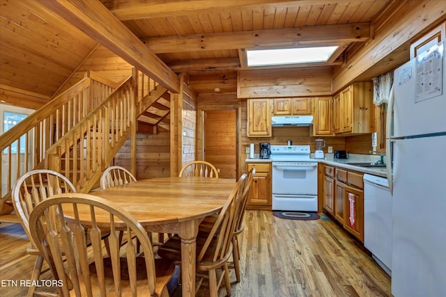 415 Silver Maple Ln, Gatlinburg, TN 37738 - kitchen featuring white appliances, light wood-type flooring, light countertops, wood ceiling, and under cabinet range hood