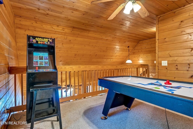 415 Silver Maple Ln, Gatlinburg, TN 37738 - playroom with carpet floors, lofted ceiling, wooden walls, wooden ceiling, and a ceiling fan