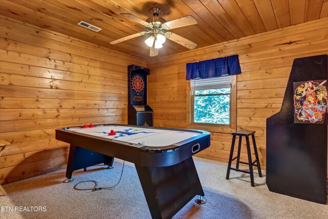415 Silver Maple Ln, Gatlinburg, TN 37738 - rec room featuring ceiling fan, visible vents, wood walls, wooden ceiling, and carpet