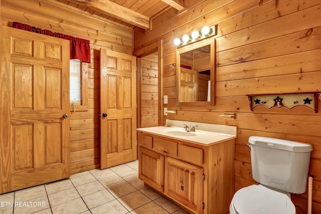 415 Silver Maple Ln, Gatlinburg, TN 37738 - bathroom with beam ceiling, toilet, wooden walls, wood ceiling, and tile patterned floors