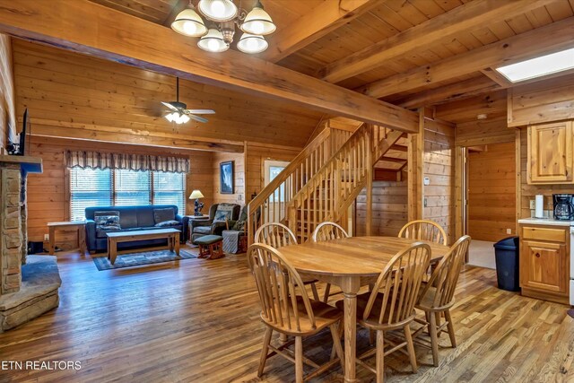 415 Silver Maple Ln, Gatlinburg, TN 37738 - dining space with wooden walls, stairs, beam ceiling, and light wood-style floors