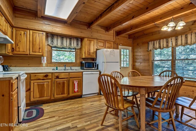 415 Silver Maple Ln, Gatlinburg, TN 37738 - kitchen with beam ceiling, white appliances, light wood-style floors, light countertops, and a sink