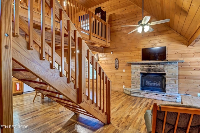 415 Silver Maple Ln, Gatlinburg, TN 37738 - stairs with wooden ceiling, ceiling fan, wood walls, and lofted ceiling