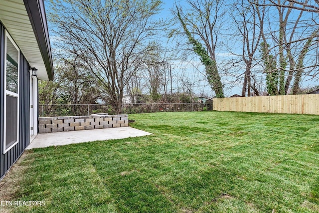 view of yard with a fenced backyard and a patio area