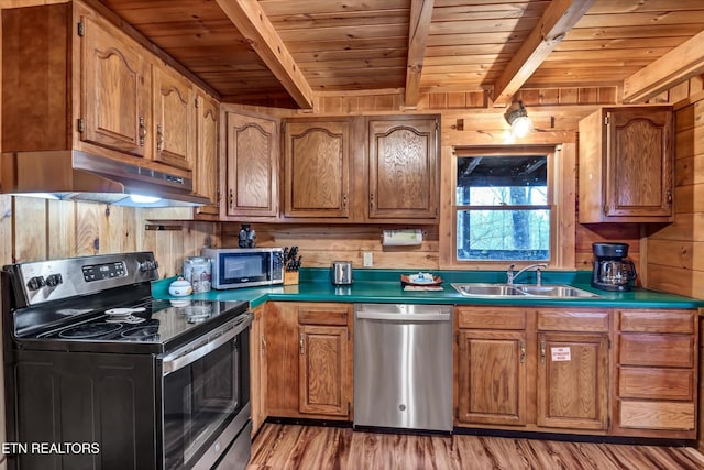 kitchen featuring appliances with stainless steel finishes, a sink, light wood-style floors, under cabinet range hood, and wood ceiling