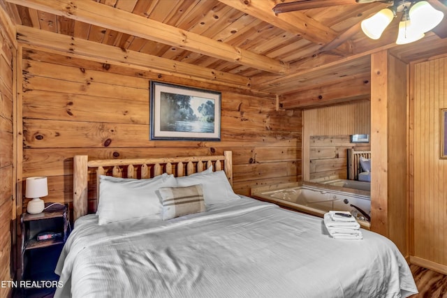 bedroom with wooden walls, wooden ceiling, beam ceiling, and wood finished floors