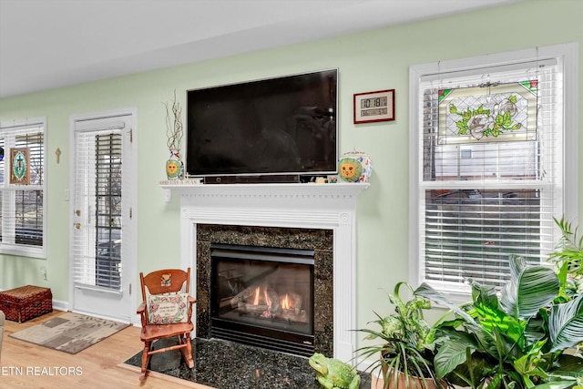 living area with baseboards, wood finished floors, and a fireplace