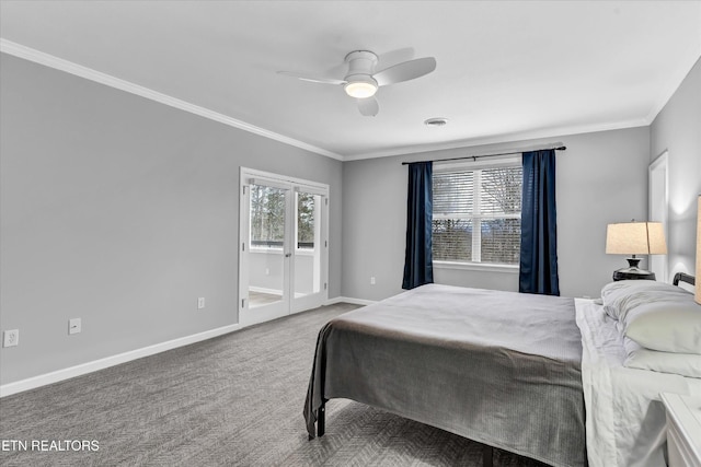 carpeted bedroom with access to outside, baseboards, ornamental molding, and ceiling fan