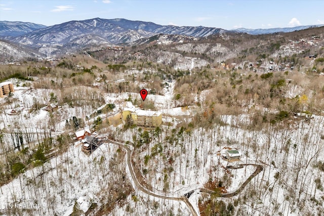 snowy aerial view featuring a mountain view