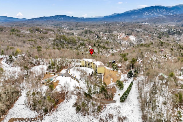 snowy aerial view featuring a mountain view