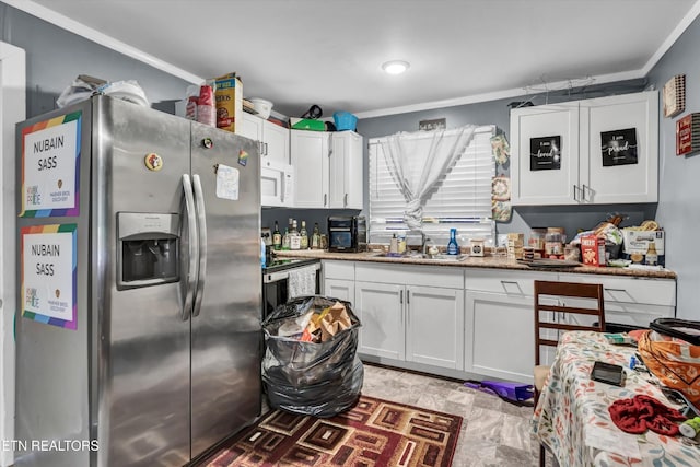 565567 W Outer Dr, Oak Ridge, TN 37830 - kitchen featuring ornamental molding, white microwave, white cabinetry, stainless steel fridge with ice dispenser, and a sink