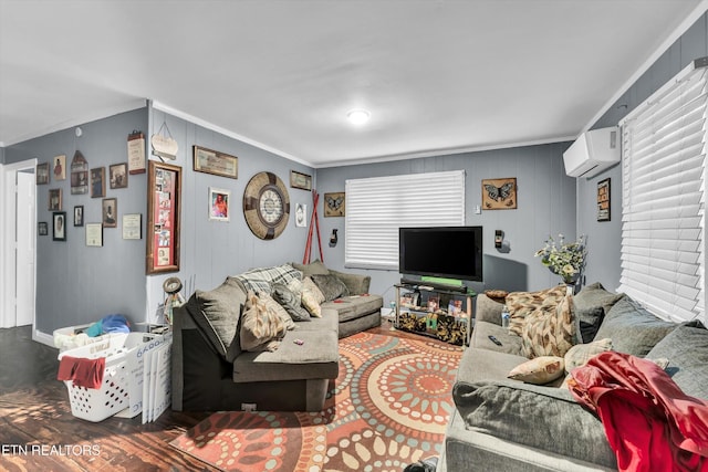 565567 W Outer Dr, Oak Ridge, TN 37830 - living area featuring an AC wall unit, ornamental molding, and wood finished floors