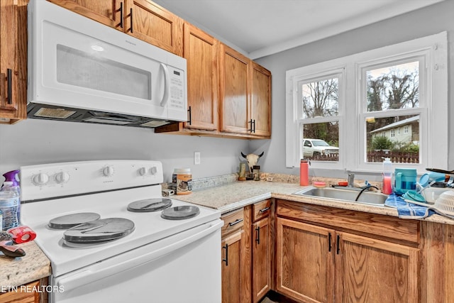 kitchen featuring light countertops, brown cabinets, white appliances, and a sink