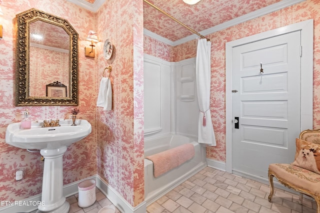 full bathroom with crown molding, baseboards, wallpapered walls, and shower / tub combo with curtain