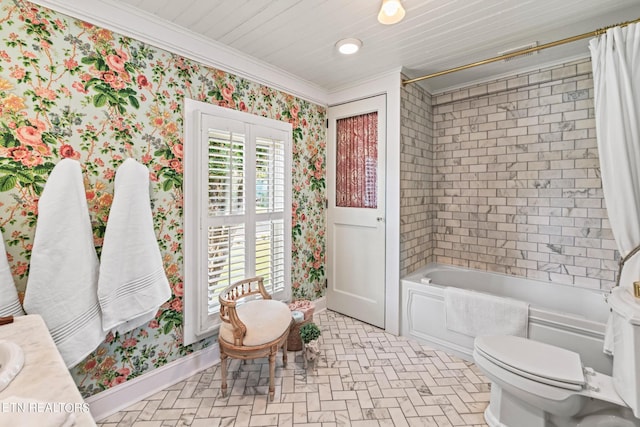 full bathroom with wallpapered walls, ornamental molding, baseboards, and shower / bath combo