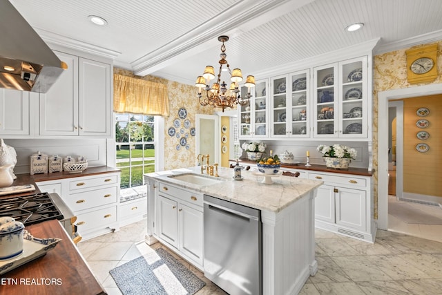 kitchen with a sink, wall chimney exhaust hood, dishwasher, and wallpapered walls