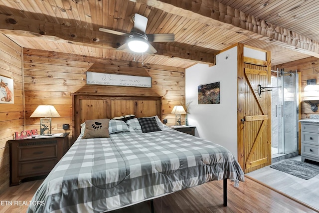 bedroom featuring wooden walls, wooden ceiling, beam ceiling, and wood finished floors