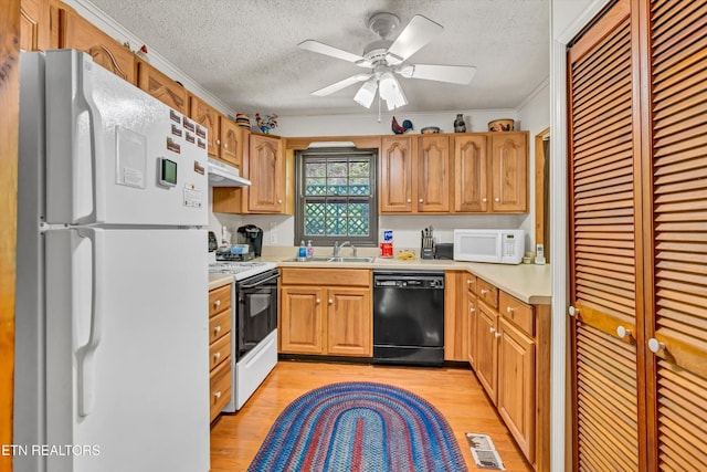 3178 N Clear Fork Rd, Sevierville, TN 37862 - kitchen featuring white appliances, under cabinet range hood, light wood-type flooring, and light countertops