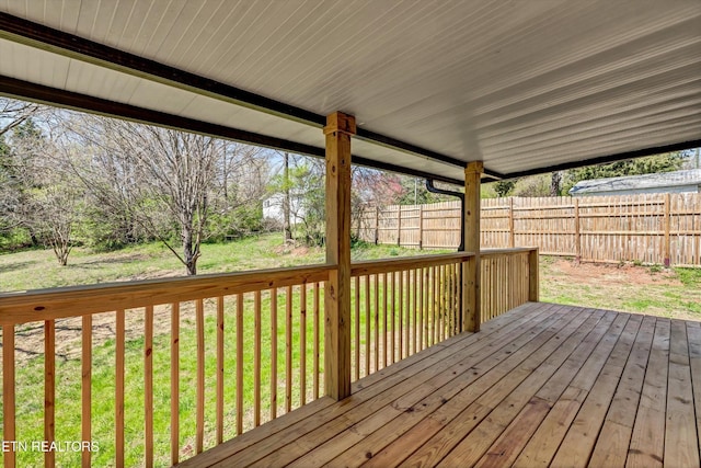wooden terrace with a lawn and a fenced backyard