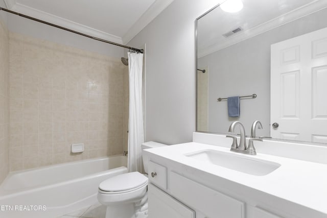 full bath featuring crown molding, visible vents, vanity, toilet, and shower / bathtub combination with curtain