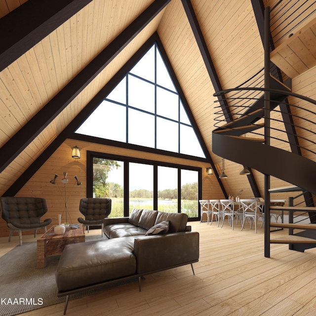 living room featuring wood ceiling, hardwood / wood-style flooring, wood walls, lofted ceiling with beams, and a water view