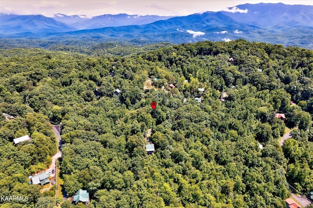 drone / aerial view with a mountain view and a wooded view