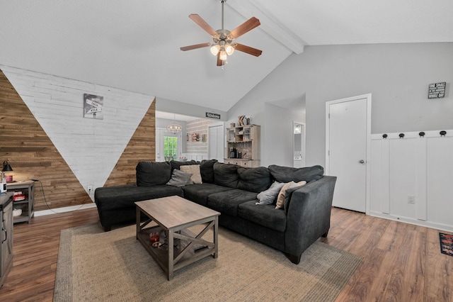 3295 Cimarron Trl, Murfreesboro, TN 37129 - living room featuring wood walls, wood finished floors, beamed ceiling, ceiling fan, and high vaulted ceiling