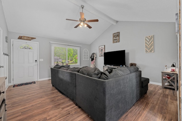 3295 Cimarron Trl, Murfreesboro, TN 37129 - living area with baseboards, vaulted ceiling with beams, ceiling fan, and wood finished floors