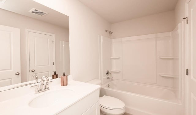 full bath featuring visible vents, shower / bath combination, toilet, and vanity