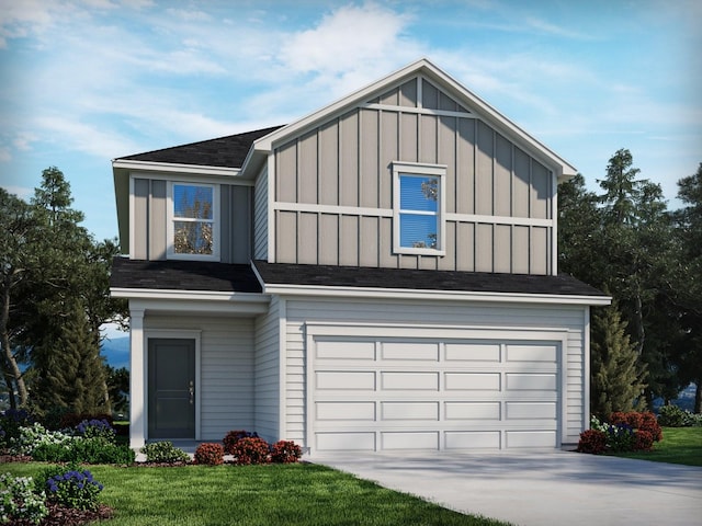 view of front of home with board and batten siding, roof with shingles, a garage, a front lawn, and concrete driveway