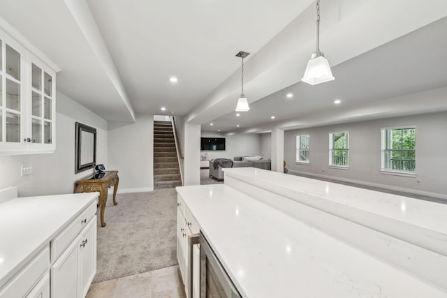 5017 Great Falls Ct, College Grove, TN 37046 - kitchen with pendant lighting, light colored carpet, white cabinetry, light countertops, and recessed lighting
