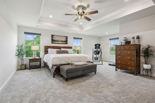5017 Great Falls Ct, College Grove, TN 37046 - carpeted bedroom with a tray ceiling, recessed lighting, baseboards, and a ceiling fan