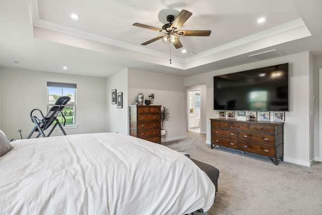 5017 Great Falls Ct, College Grove, TN 37046 - carpeted bedroom featuring a raised ceiling, baseboards, recessed lighting, a ceiling fan, and crown molding