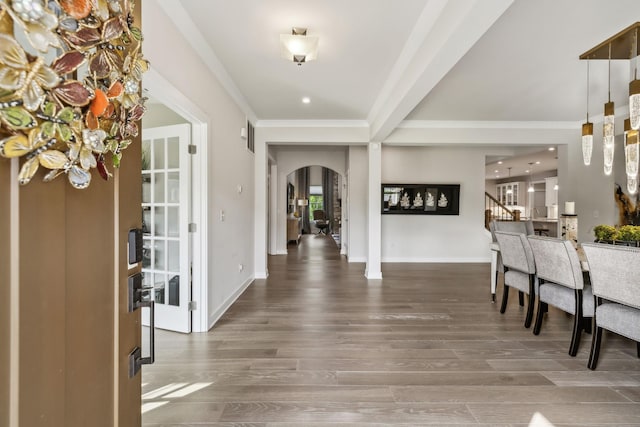 5017 Great Falls Ct, College Grove, TN 37046 - entrance foyer with arched walkways, wood finished floors, ornamental molding, recessed lighting, and baseboards