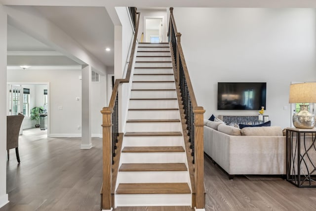 5017 Great Falls Ct, College Grove, TN 37046 - staircase featuring wood finished floors, recessed lighting, and baseboards