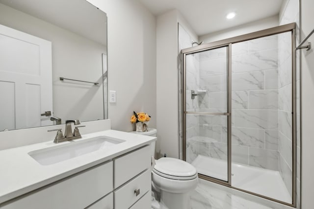 5017 Great Falls Ct, College Grove, TN 37046 - full bath featuring marble finish floors, a stall shower, toilet, vanity, and recessed lighting