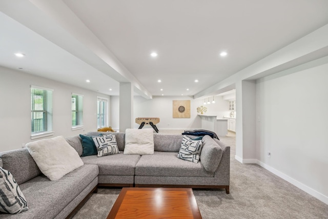 5017 Great Falls Ct, College Grove, TN 37046 - living room featuring recessed lighting, light colored carpet, and baseboards