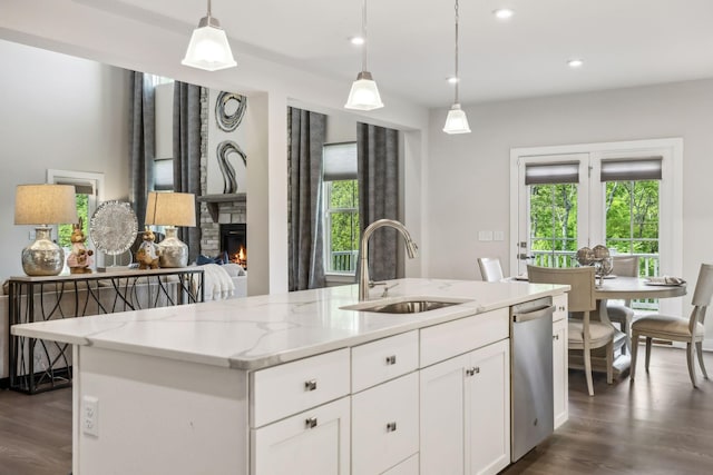 5017 Great Falls Ct, College Grove, TN 37046 - kitchen featuring a sink, stainless steel dishwasher, dark wood-style floors, a fireplace, and recessed lighting