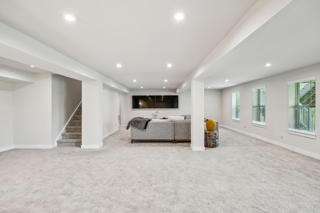 5017 Great Falls Ct, College Grove, TN 37046 - living area with light carpet, recessed lighting, baseboards, and stairs