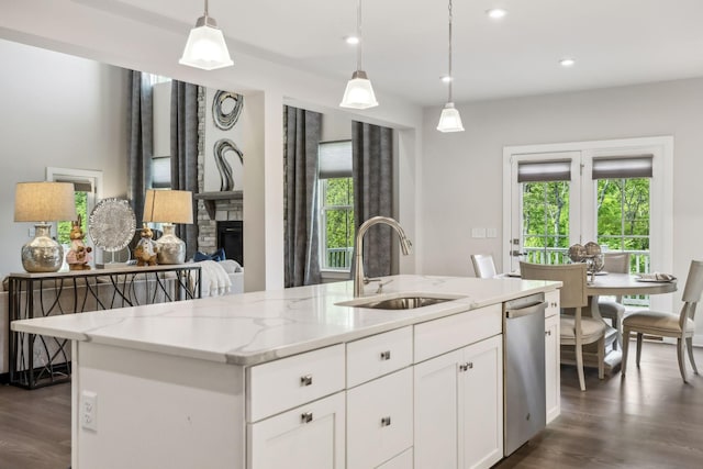 5017 Great Falls Ct, College Grove, TN 37046 - kitchen featuring a sink, dishwasher, dark wood-type flooring, light stone counters, and recessed lighting