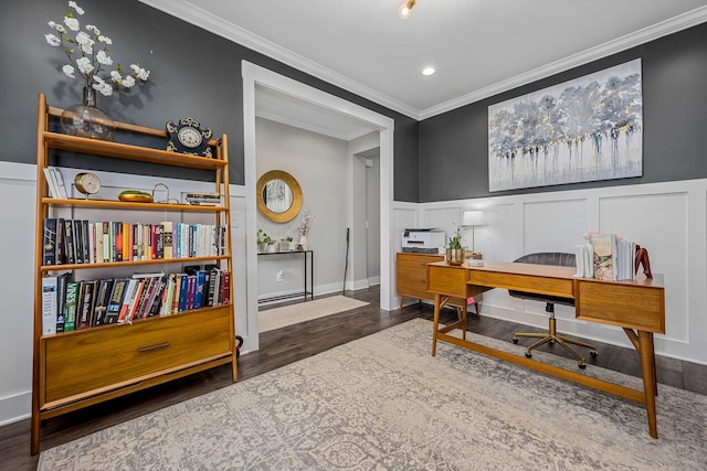 3420 Caroline Farms Dr, Murfreesboro, TN 37129 - home office with wood finished floors, crown molding, wainscoting, a decorative wall, and baseboards