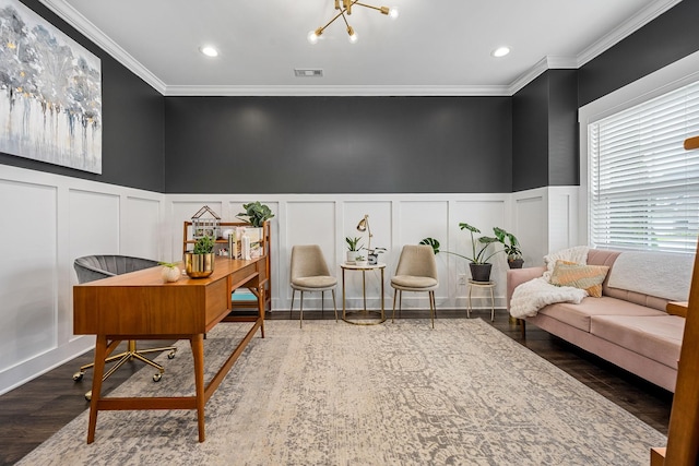 3420 Caroline Farms Dr, Murfreesboro, TN 37129 - office space with a decorative wall, ornamental molding, wainscoting, a chandelier, and wood finished floors