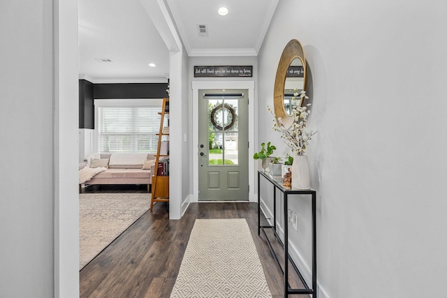 3420 Caroline Farms Dr, Murfreesboro, TN 37129 - entryway featuring dark wood finished floors, ornamental molding, recessed lighting, and baseboards