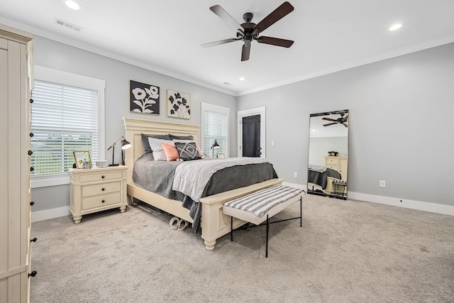3420 Caroline Farms Dr, Murfreesboro, TN 37129 - bedroom with crown molding, light colored carpet, baseboards, recessed lighting, and a ceiling fan