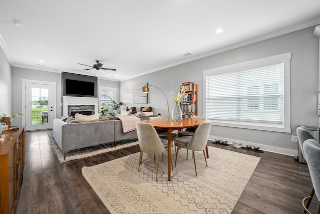 3420 Caroline Farms Dr, Murfreesboro, TN 37129 - dining area with a ceiling fan, dark wood-style floors, recessed lighting, ornamental molding, and a fireplace