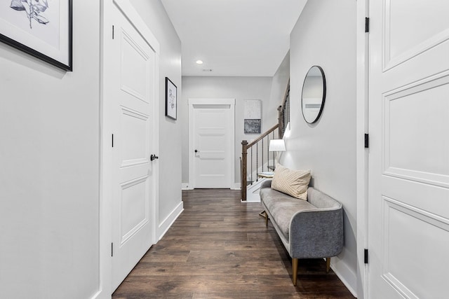 3420 Caroline Farms Dr, Murfreesboro, TN 37129 - hallway featuring recessed lighting, stairs, baseboards, and dark wood-style flooring