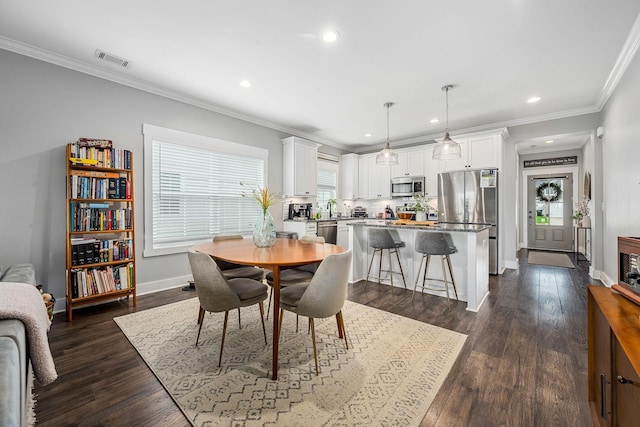 3420 Caroline Farms Dr, Murfreesboro, TN 37129 - dining room featuring recessed lighting, baseboards, dark wood-style flooring, and crown molding