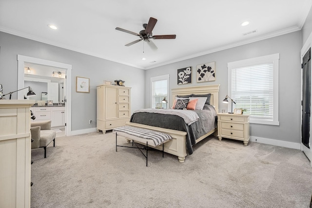 3420 Caroline Farms Dr, Murfreesboro, TN 37129 - bedroom featuring light colored carpet, crown molding, baseboards, recessed lighting, and ensuite bathroom
